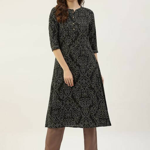 FIORRA Women's Black Printed Flared Cotton Kurta - Swadesiicart