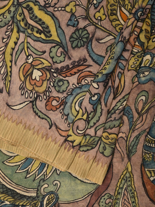 Multicolor Kalamkari Hand Painted Cotton Silk Handloom Saree With Exotic Floral and Peacocks Pallu Design - Global Threads | Swadesiicart