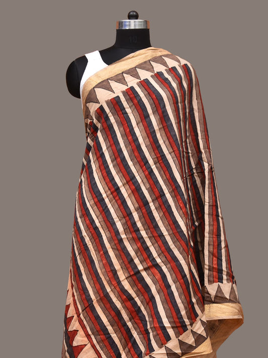 Multicolor Kalamkari Hand Painted Sico Handloom Dupatta with Strips Design - Global Threads | Swadesiicart