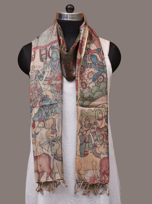 Multicolor Kalamkari Hand Painted Tussar Handloom Dupatta with Krishna Design - Global Threads | Swadesiicart