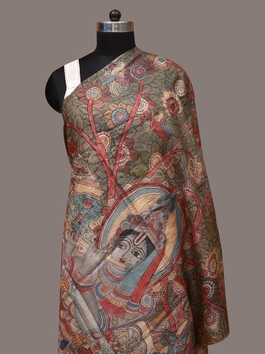 Multicolor Kalamkari Hand Painted Tussar Handloom Dupatta with Krishna Design - Global Threads | Swadesiicart
