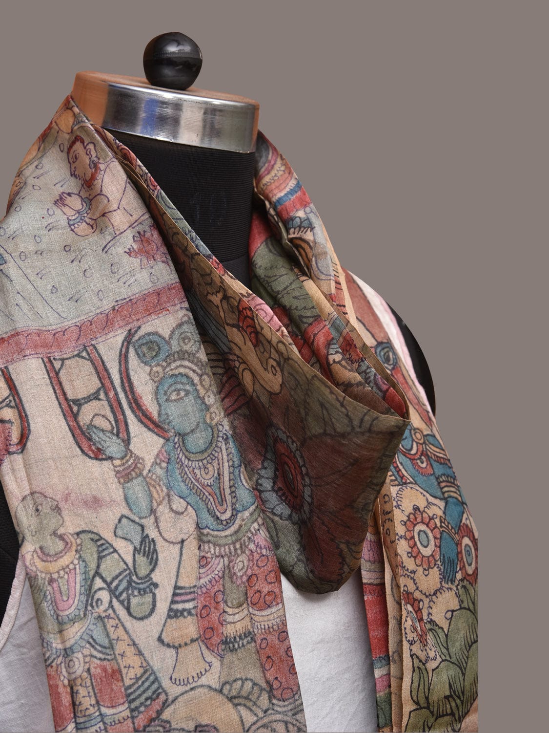 Multicolor Kalamkari Hand Painted Tussar Handloom Dupatta with Krishna Design - Global Threads | Swadesiicart
