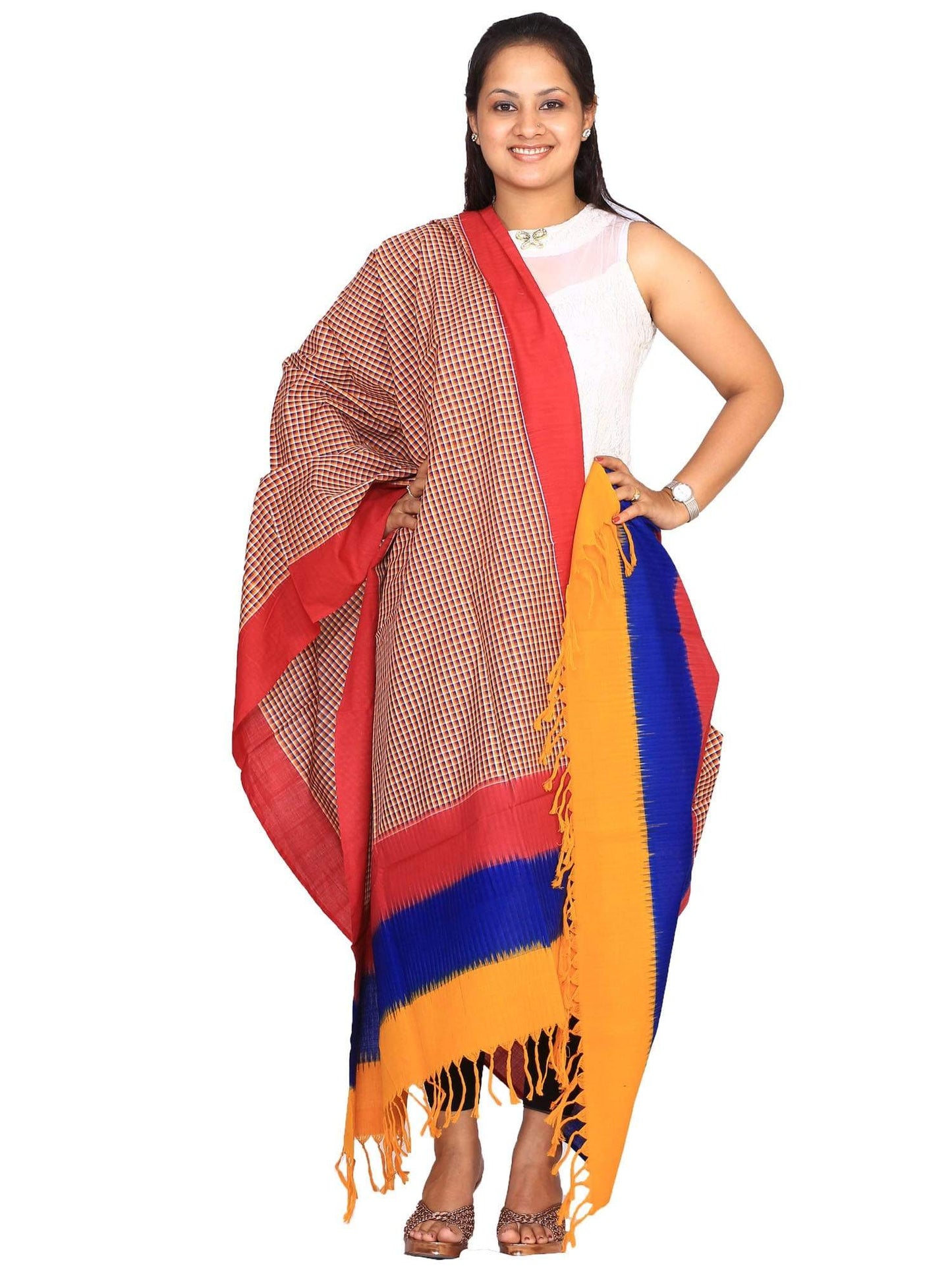 Multicolor Pochampally or Ikat Cotton Handloom Dupatta - Global Threads | Swadesiicart