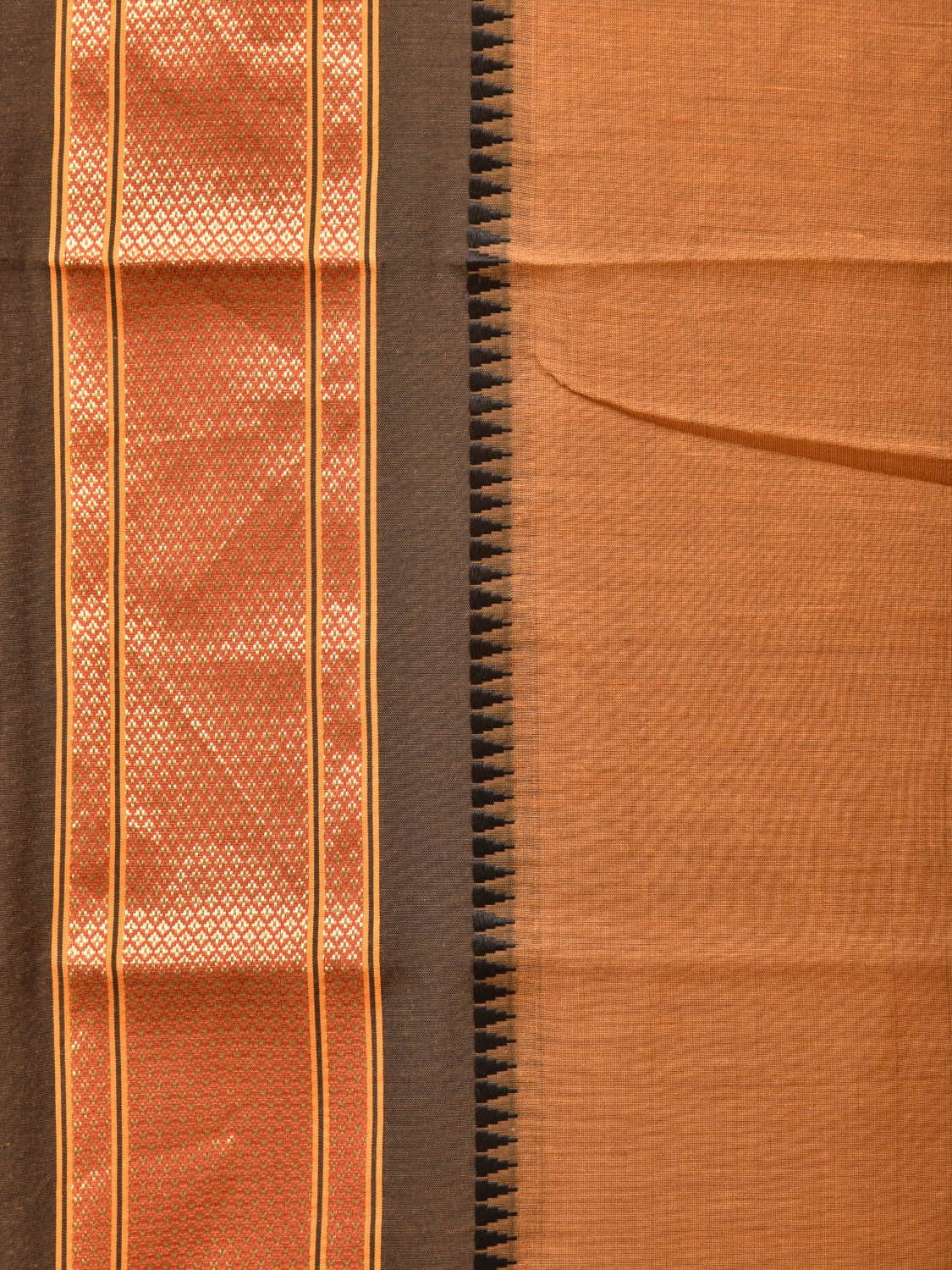 Mustard and Black Bamboo Cotton Plain Saree with Strips Pallu Design No Blouse - Global Threads | Swadesiicart