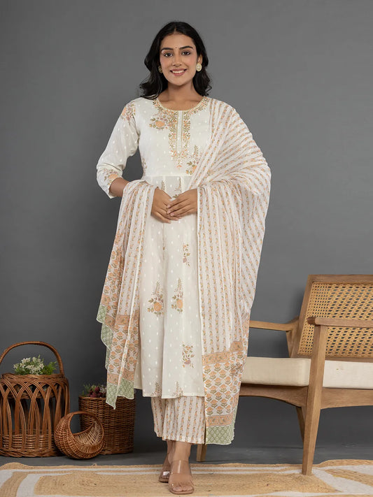 Yufta Mustard Gota_Patti Cotton Anarkali Kurta Dupatta Pant Set - Swadesiicart
