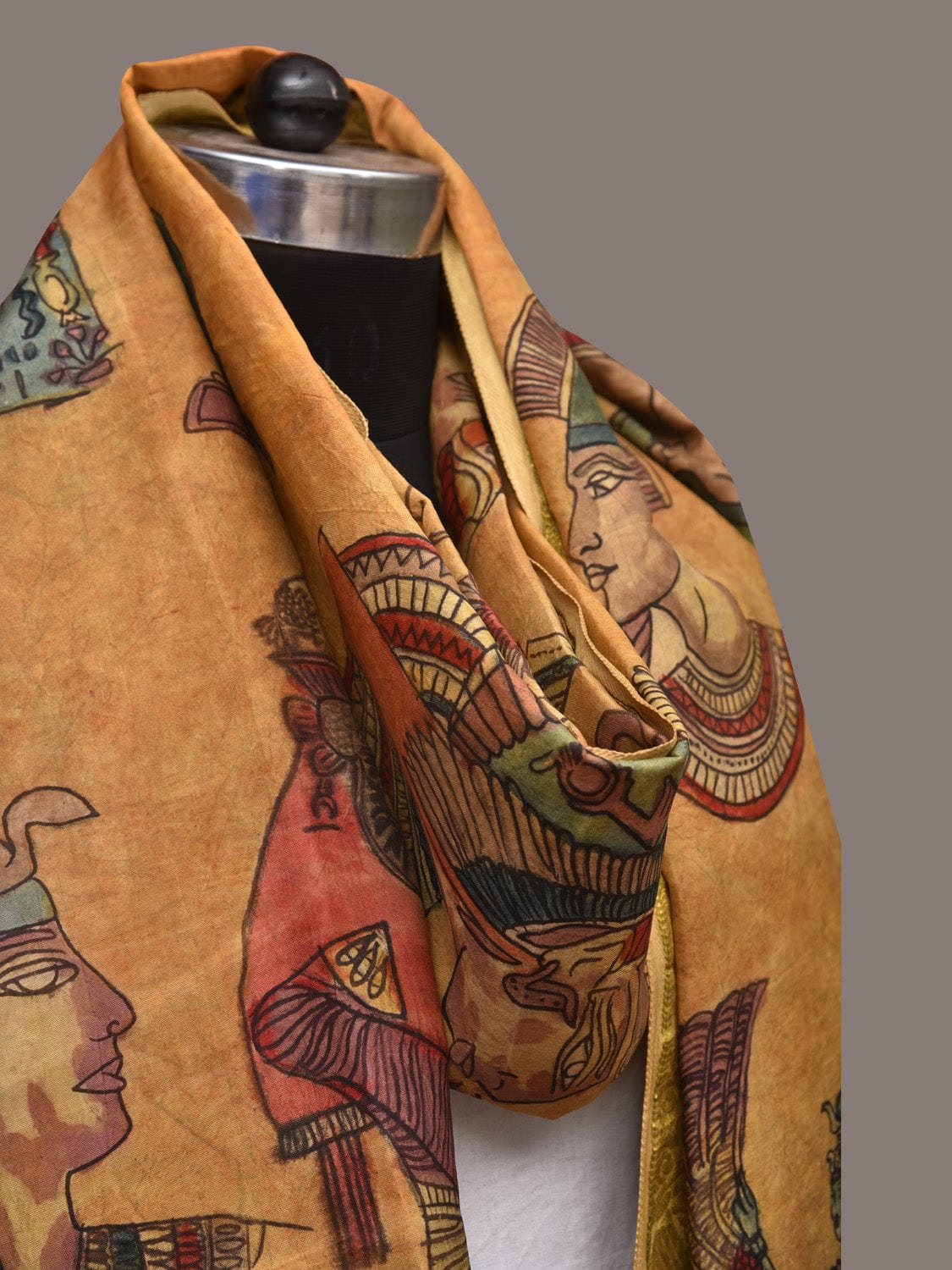 Mustard Kalamkari Hand Painted Kanchipuram Silk Handloom Dupatta with Egyptian Design - Global Threads | Swadesiicart