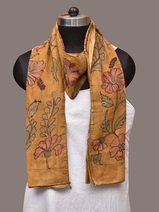 Mustard Kalamkari Hand Painted Sico Stole with Floral Design - Global Threads | Swadesiicart