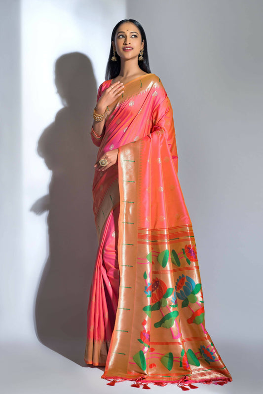 Vishnu Weaves Women's Gajri Paithani Silk Zari Woven Saree with Unstitched Blouse - Swadesiicart