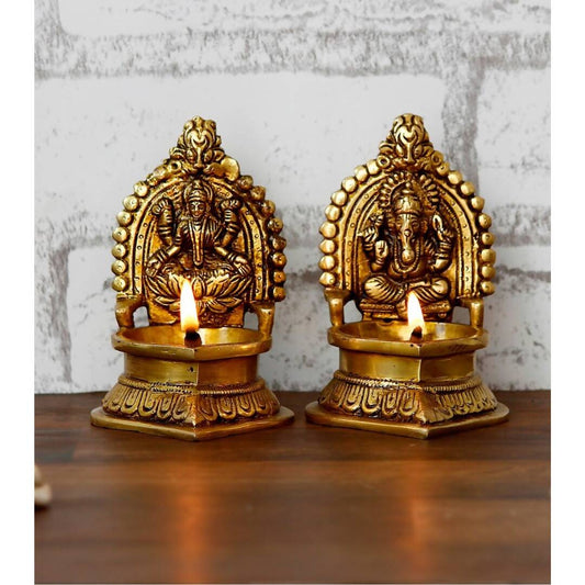 eCraftIndia Set of 2 Gold-Toned Handcrafted Brass Laxmi Ganesha Idol Deepak | Swadesiicart