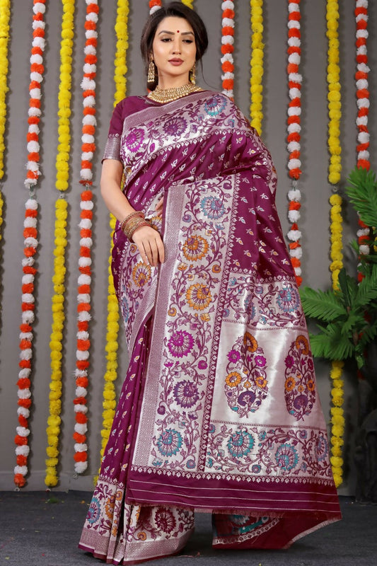 Jyoti Fashion Women's Wine Banarasi Silk Zari Woven Saree with Blouse | Swadesiicart