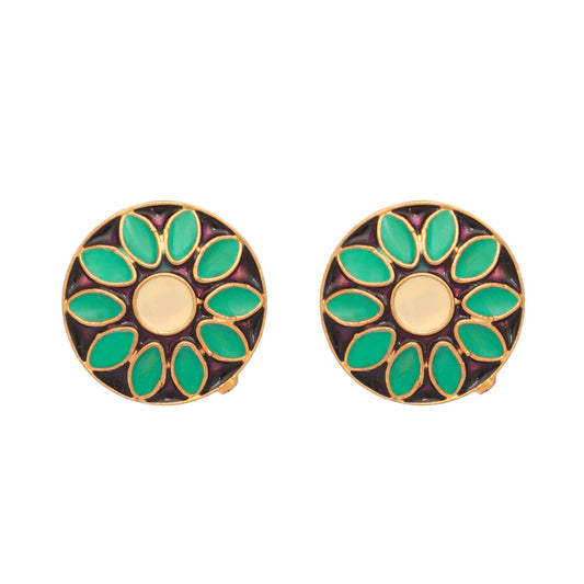 Nuyug 22K Gold Plated Circular Shaped Sea Green Enamelled Floral Motif Studs | Swadesiicart