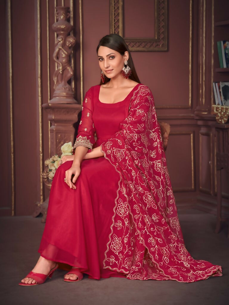 Jyoti Fashion Women's Rani Pink Georgette Embroidered Anarkali Kurta Pant Set With Dupatta | Swadesiicart