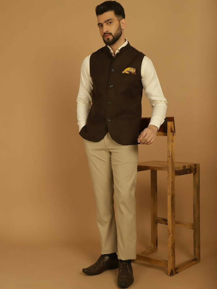Even Apparels Pure Wool Nehru Jacket - Brown | Swadesiicart