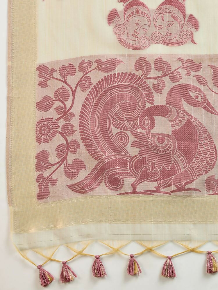 Vishnu Weaves Women's Maroon Muga Cotton Thread Woven Saree with Blouse - Swadesiicart