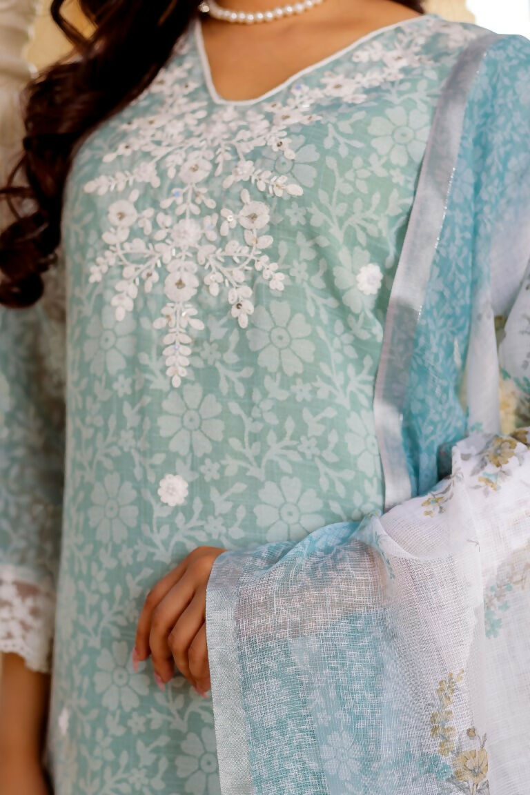 Vaasva Women Sky Blue Linen Floral Printed Kurta, Pant & Dupatta set | Swadesiicart