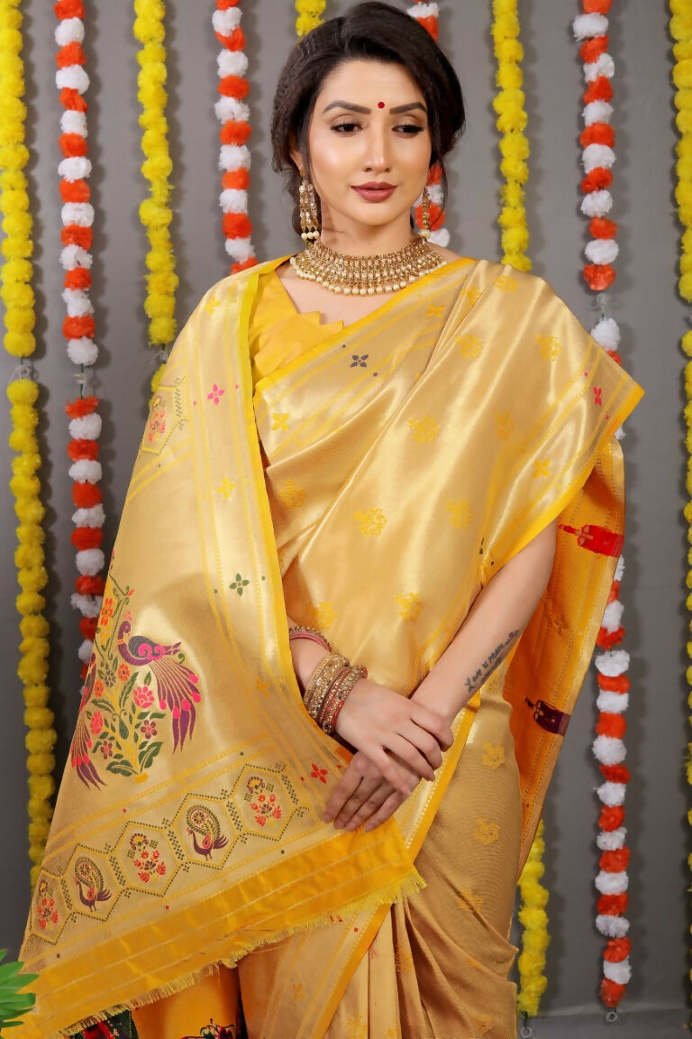 Jyoti Fashion Women's Yellow Paithani Silk Zari Woven Saree with Blouse | Swadesiicart