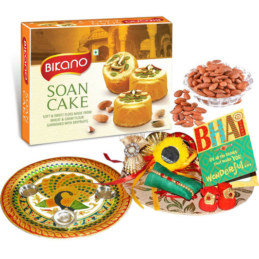 Bikano Soan Cake and Masala Almonds Rakhi Puja Thali Gifts | Swadesiicart