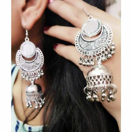 MS Fashion India Traditional Oxidized Silver Jhumka Mirror Earrings | Swadesiicart