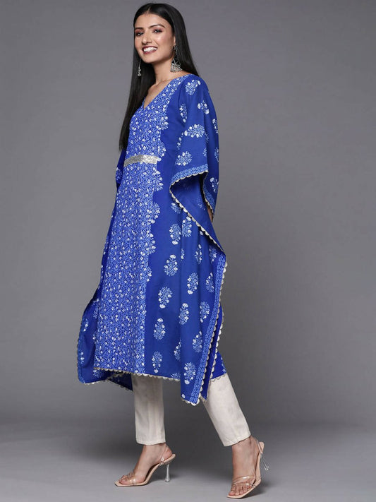 Ahalyaa Blue & White Floral Print Floral Kaftan Kurta | Swadesiicart