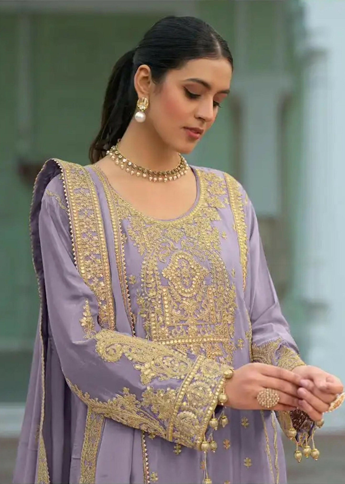 Anaita Lavender Heavy Chinon Readymade Palazzo Suit with Heavy Embroidery Work