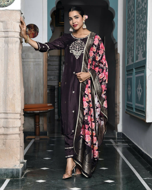Vaasva Women's Silk Emboidered Solid Pant Set & Digital Printed Dupatta | Swadesiicart