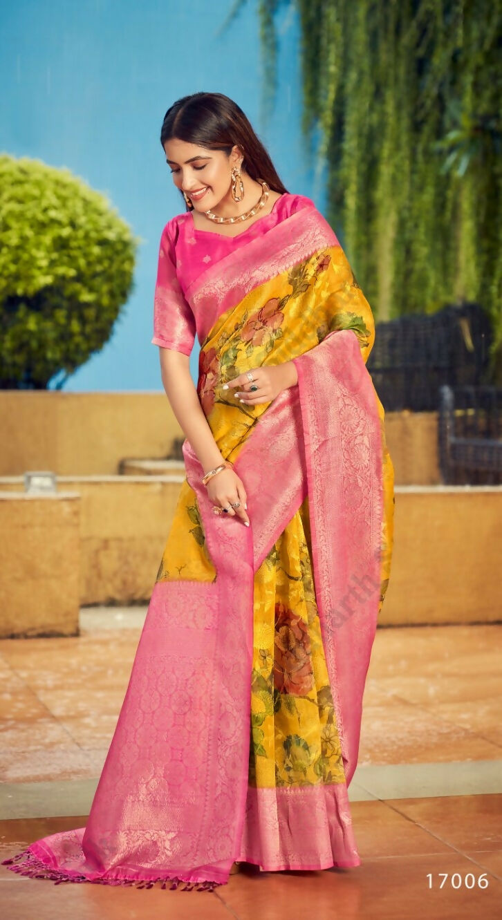 Exclusive Collection Wedding Pink Yellow Collection Banarasi Silk Saree With Rich Pallu - Swadesiicart