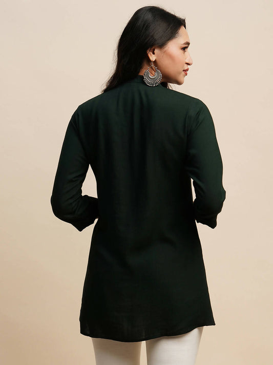 Dark Green Rayon Embroidered Top - Tarini - Swadesiicart