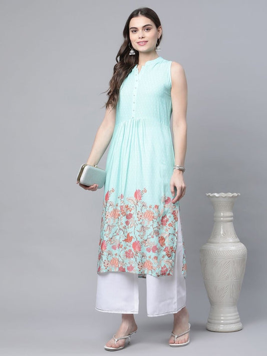 Ahalyaa Women's Sky Blue Rayon Printed Kurta Palazzo Set | Swadesiicart