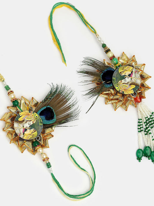 NVR Women & Men Set of 2 Green Radha Krishna Beaded Bhaiya Bhabhi Rakhi With Roli Chawal & Chocolate | Swadesiicart