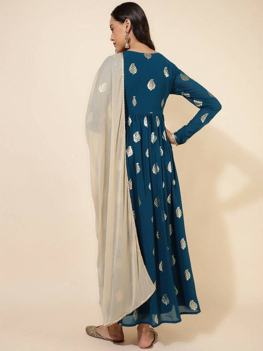 Janasya Women's Teal Blue Georgette Foil Printed Festive Flared Kurta Set | Swadesiicart