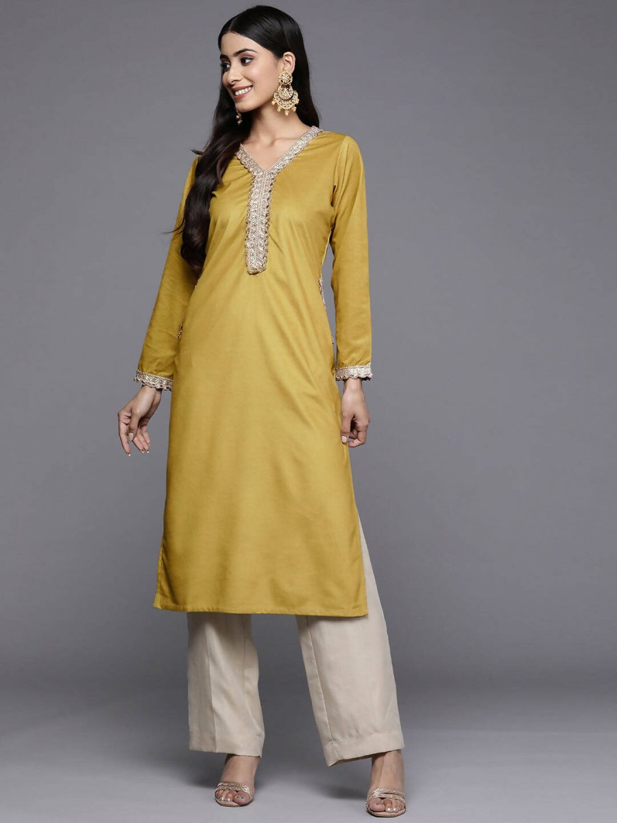 Ahalyaa Women Mustard Yellow & Golden Ethnic Motifs Yoke Design Velvet Kurta | Swadesiicart