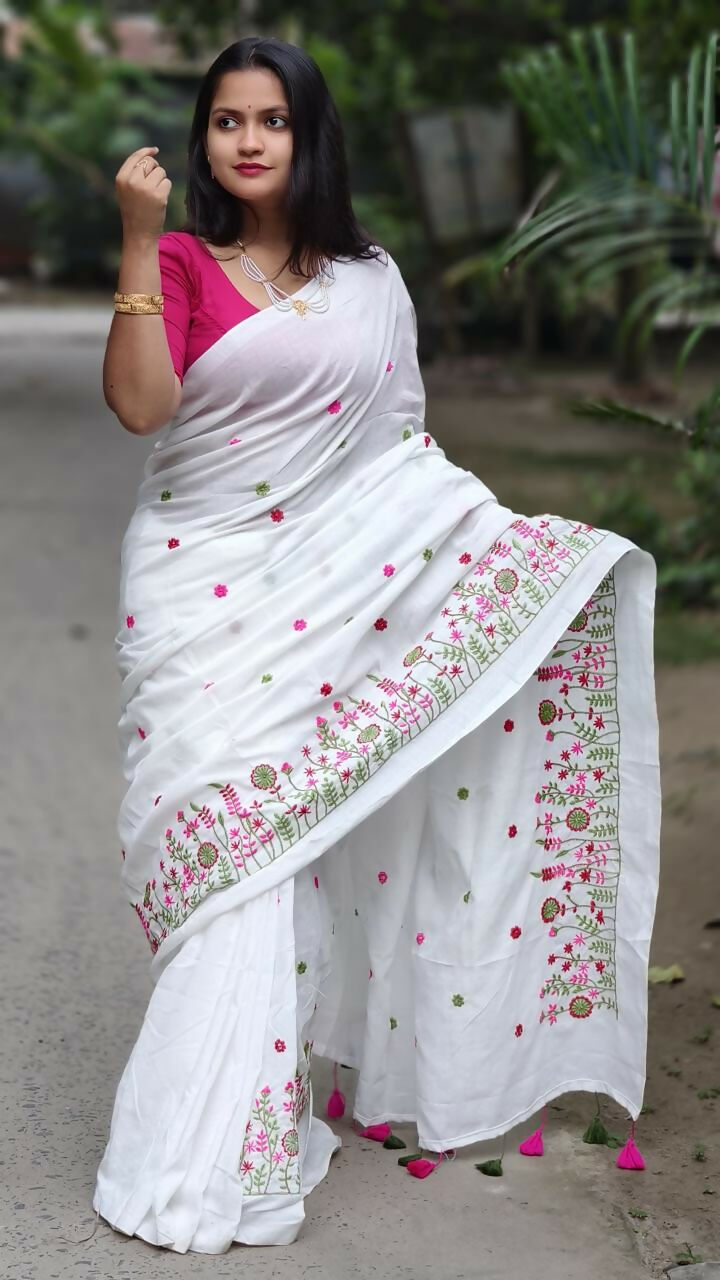 Exclusive Collection White Pure Cotton Handloom Embroidered Saree - Swadesiicart