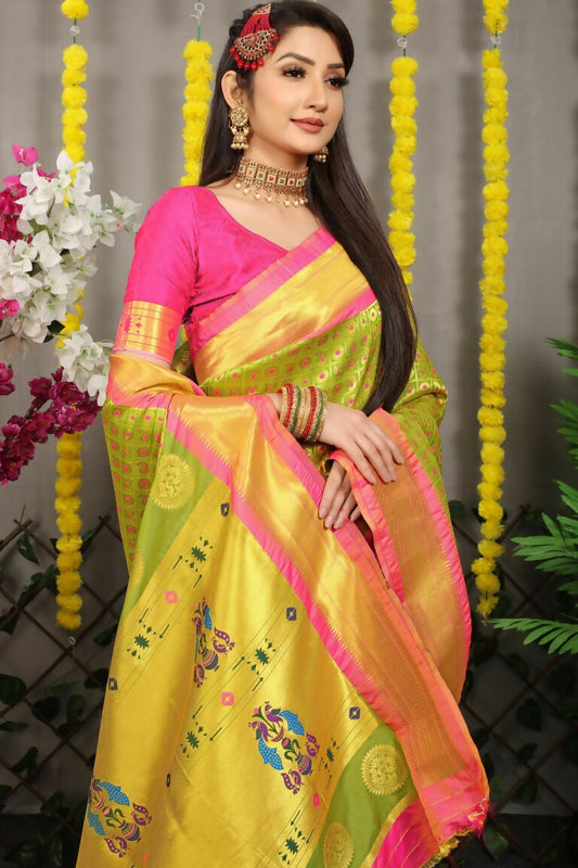 Jyoti Fashion Women's Green Banarasi Silk Zari Woven Saree with Blouse | Swadesiicart