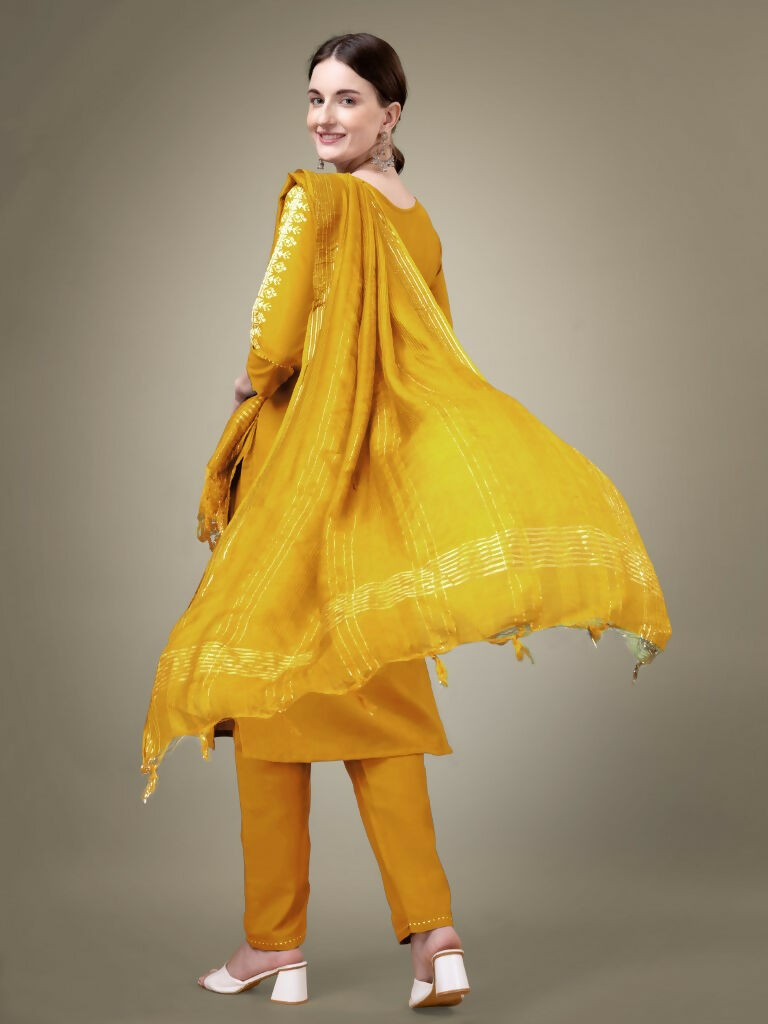 Jyoti Fashion Women's Yellow Cotton Blend Embroidery & Sequence work Kurta with Trouser & Dupatta | Swadesiicart