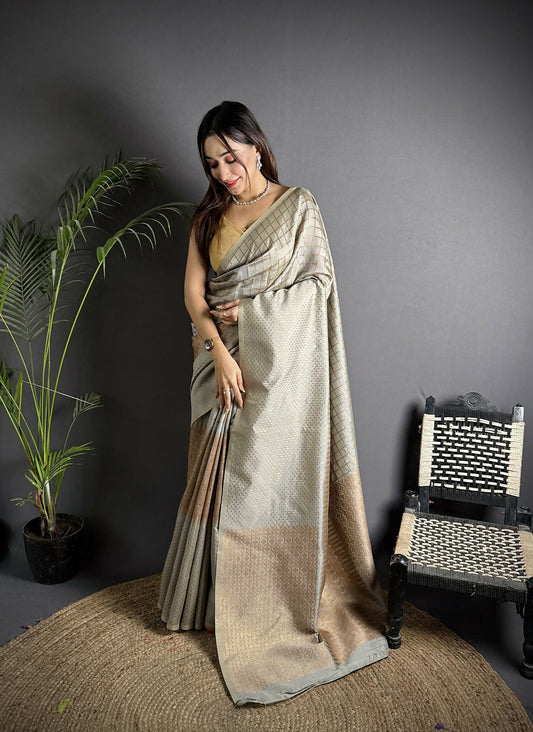 Joban Fashion Grey Banarasi Soft Lichi Silk Checks & Woven Saree | Swadesiicart