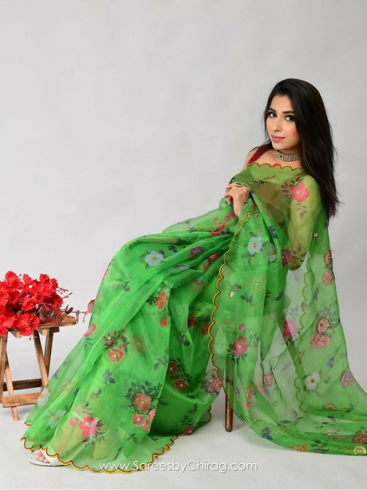 Vamsee Nakshatra Latakn Green Organza Saree - Swadesiicart