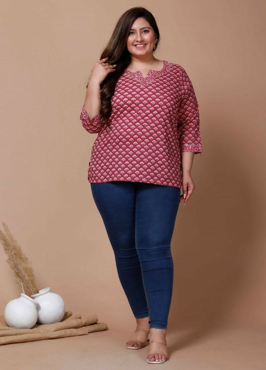 Miravan Women's Plus Size Pink Floral Printed Cotton Kurti - Swadesiicart