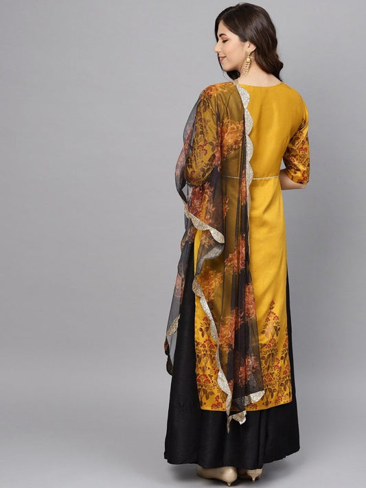 Ahalyaa Women's Mustard Poly Silk Printed Kurta Skirt Set With Dupatta | Swadesiicart