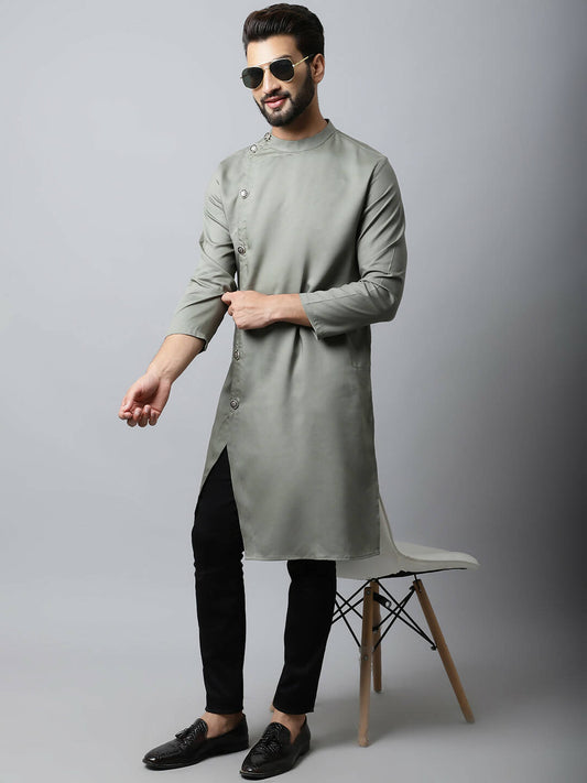 Even Apparels Grey Color Pure Cotton Sherwani Men's Kurta With Asymetrical Cut (SLD1181) | Swadesiicart