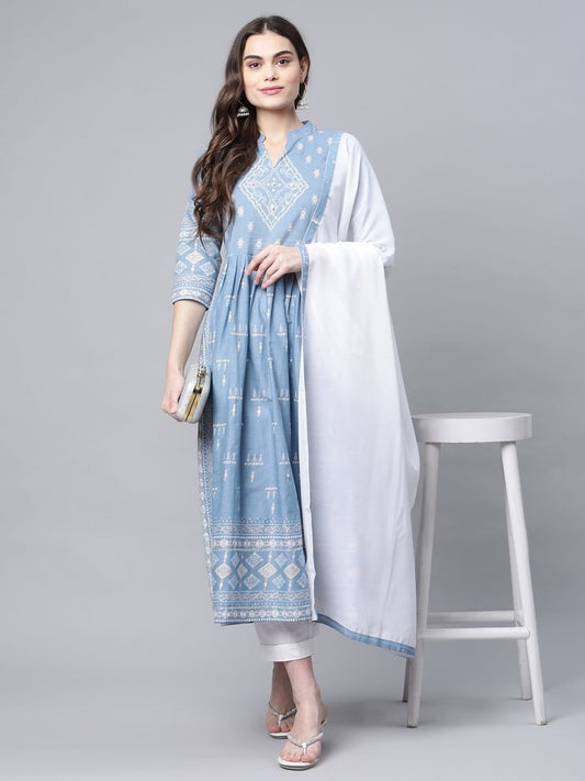 Ahalyaa Women Pastel Blue Pure Cotton Printed Kurta Pant Set With Dupatta | Swadesiicart