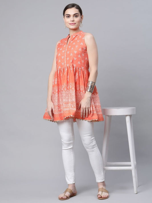 Ahalyaa Women Orange Pure Cotton Porcian Print Tunic | Swadesiicart