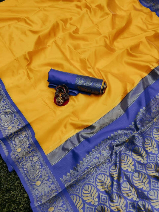 DEIANA'S Beautiful Designer Golden zari Soft Lichi Silk Saree - Yellow - Swadesiicart