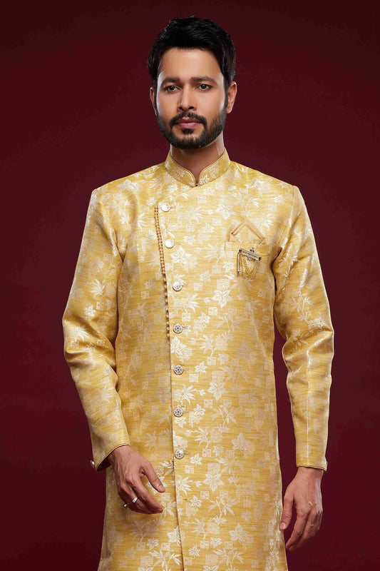 Raivat Ethnic Banarasi Jacquard Embroidery Semi Indo Western Sherwani In Cream Beige Colour | Swadesiicart