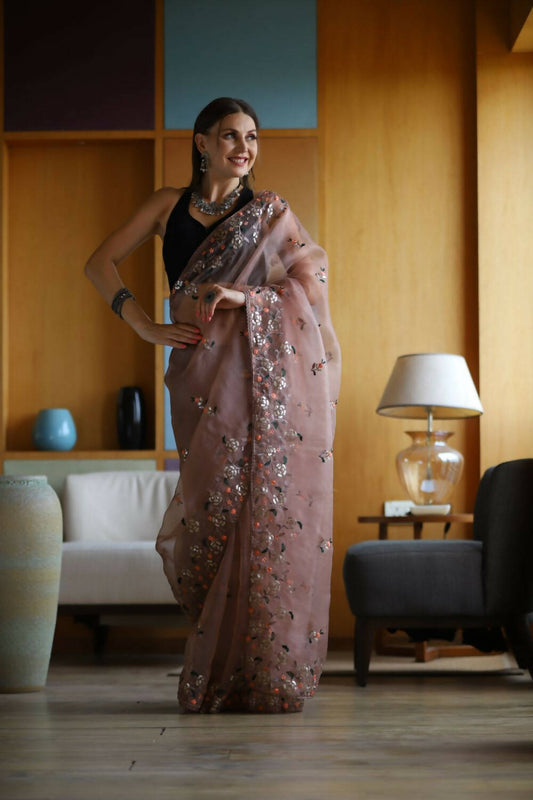 Vamsee Brown Organza Saree - Swadesiicart