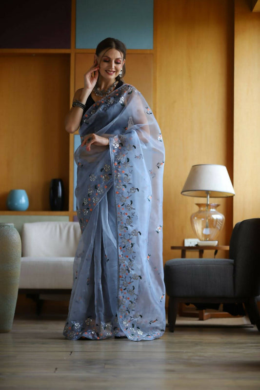 Vamsee Blue Organza Saree - Swadesiicart