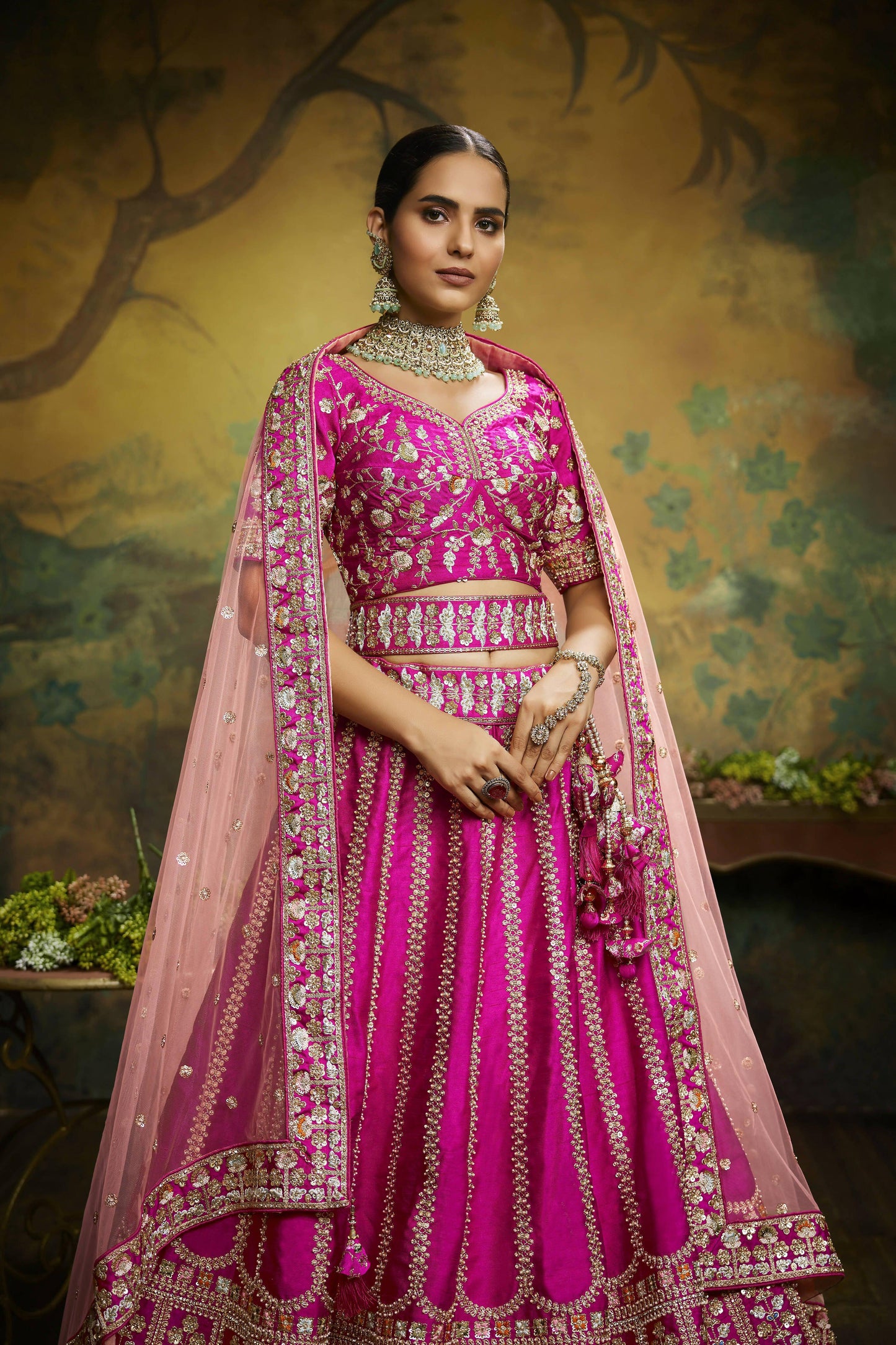 House of Panchhi Pink Pure Silk Moti & Zarkan heavy embroidery Lehenga choli & Dupatta | Swadesiicart