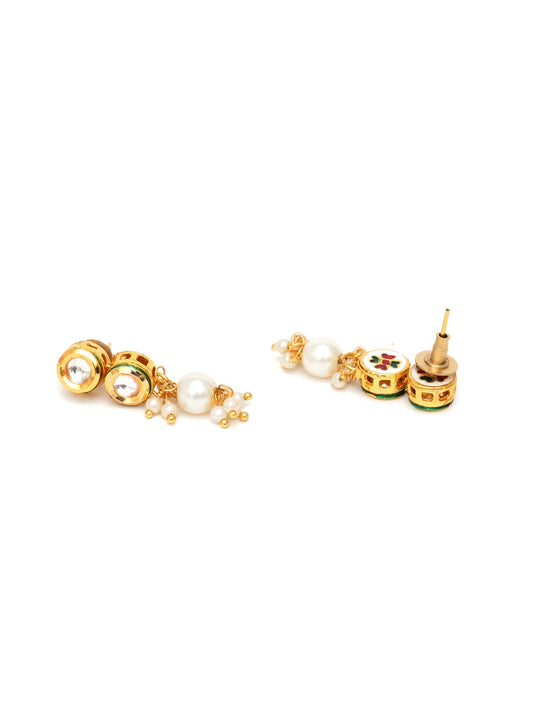 Kundan Earrings with Pearl Drops (Gold) - Ruby Raang - Swadesiicart