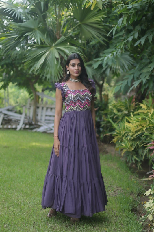 Jyoti Fashion Women's Wine Sequins Thread Embroidery Faux Georgette Anarkali Dress