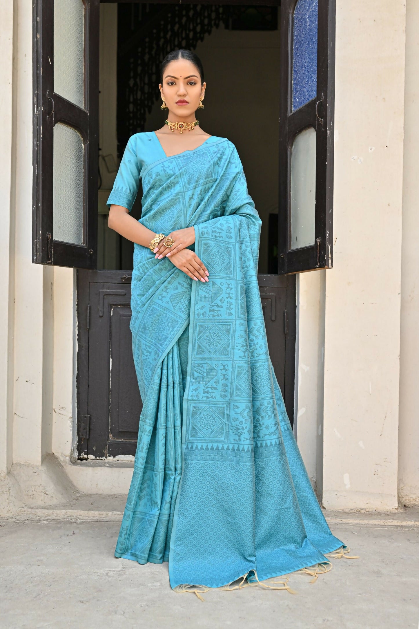 Vishnu Weaves Women's Firozi Handloom Raw Silk Saree with Blouse - Swadesiicart