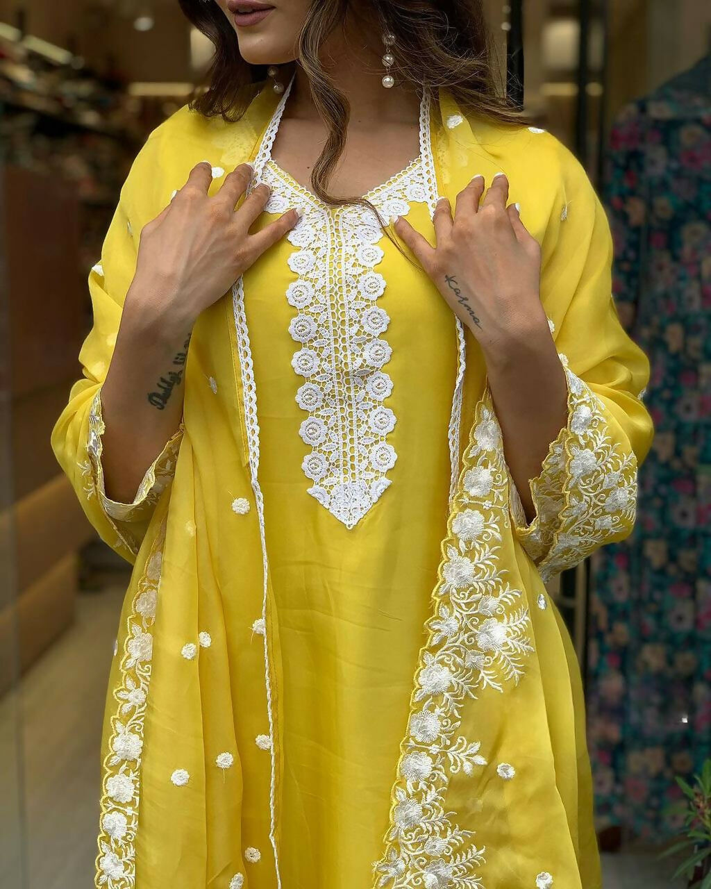 The52 Yellow Women's Gorgeous Embroidered Georgette Fabric Straight Kurta Pant with Dupatta Set - Swadesiicart